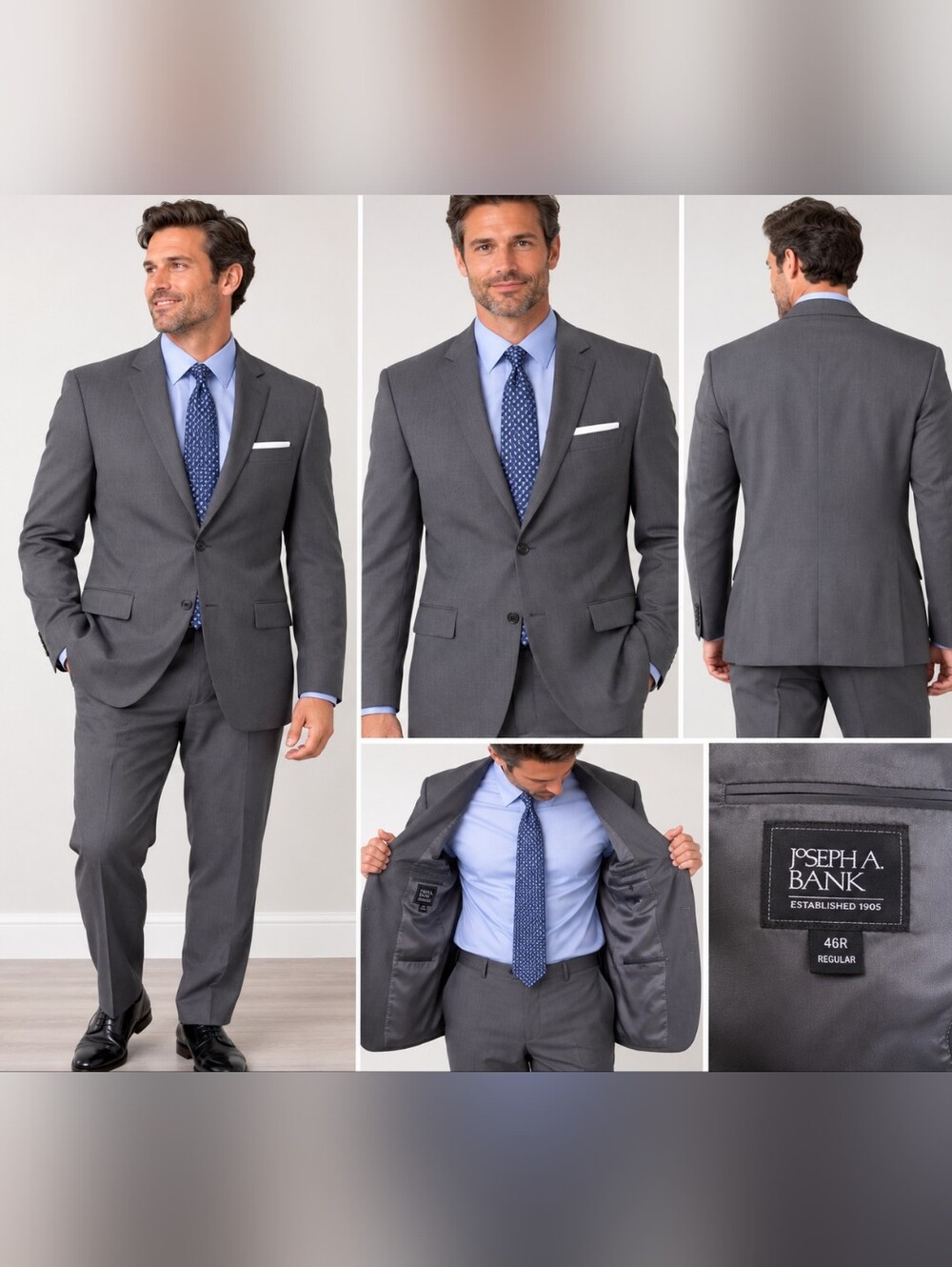 Jos. A. Bank Signature Mens 2 Piece Gray Glen Plaid 46R Pleated Pants 41x30.5